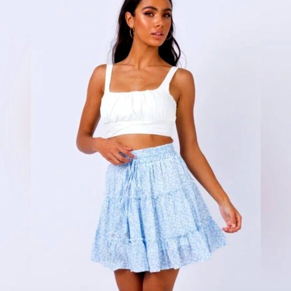 Princess Polly Meltem Floral Ruffle Tiered Mini Skirt in Blue US 2 AU 6 - Picture 1 of 8